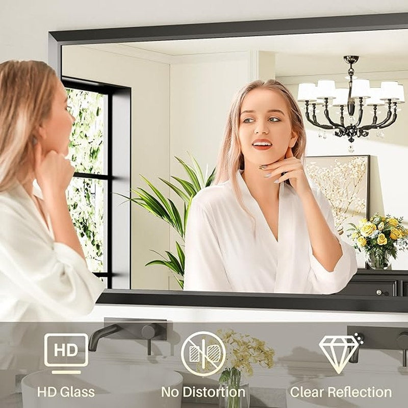 55x30 Inch Black Bathroom Mirror for Wall,Thick Metal Framed Rectangle, Anti-Rust,HD Tempered Glass