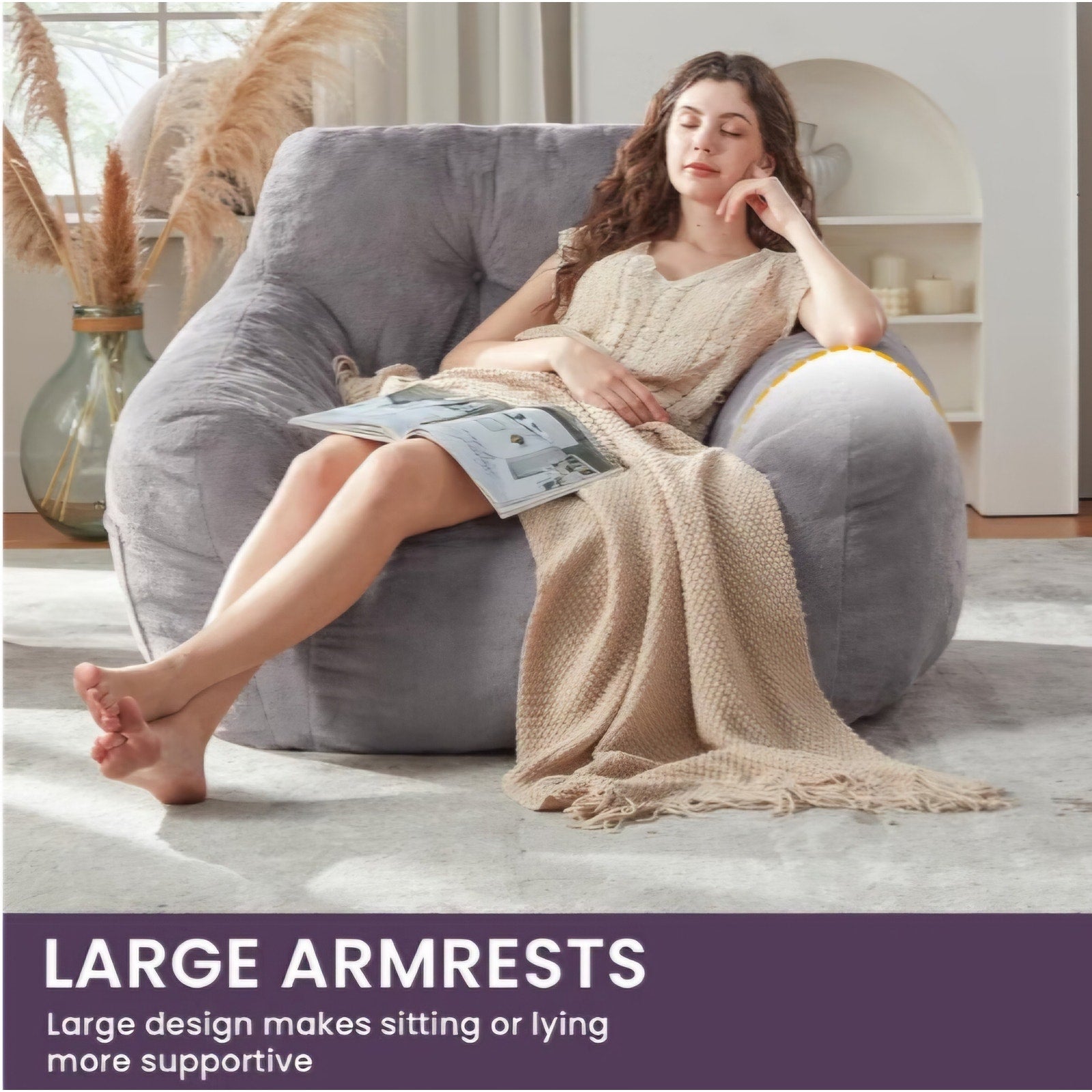 Giant Bean Bag Chair with Lumbar Pillow & Armrests, Oversized Dark Gray Faux Fur Bean Bag Couch