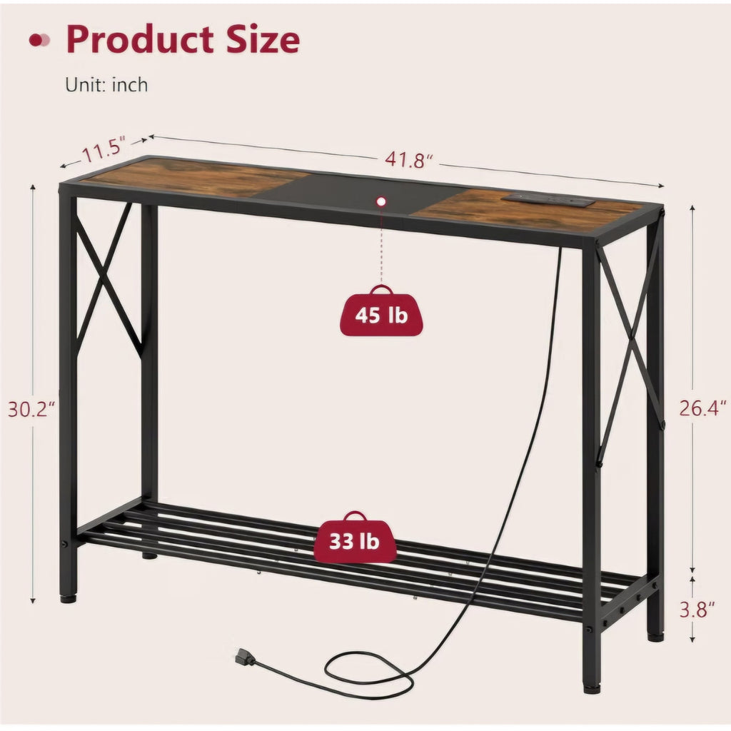 Console Table with Charging Station, 41.8" Entryway Table with Shelves, 2-Tier Narrow Sofa Table