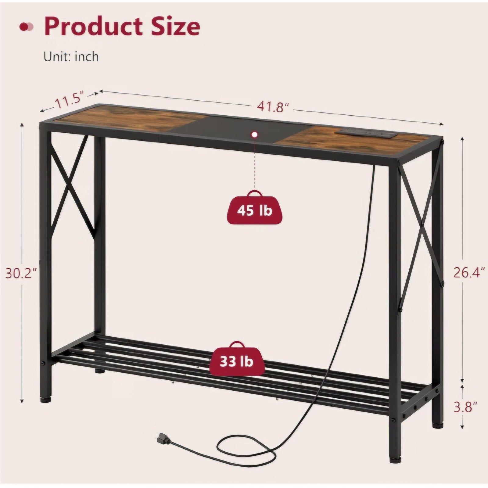Console Table with Charging Station, 41.8" Entryway Table with Shelves, 2-Tier Narrow Sofa Table