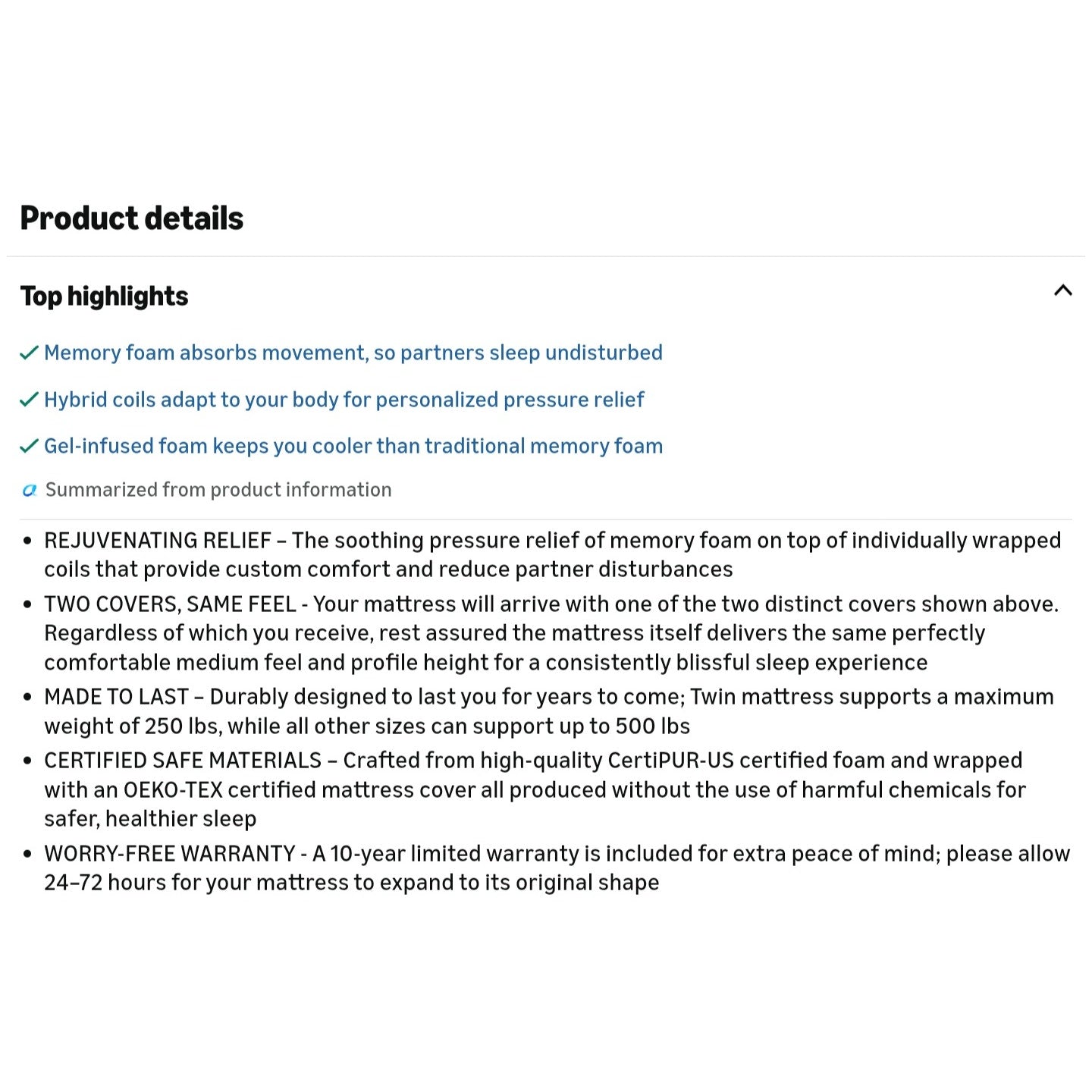 Queen Zinus 12 Inch Comfort Support Hybrid Mattress [New Version], Queen, Fiberglass Free