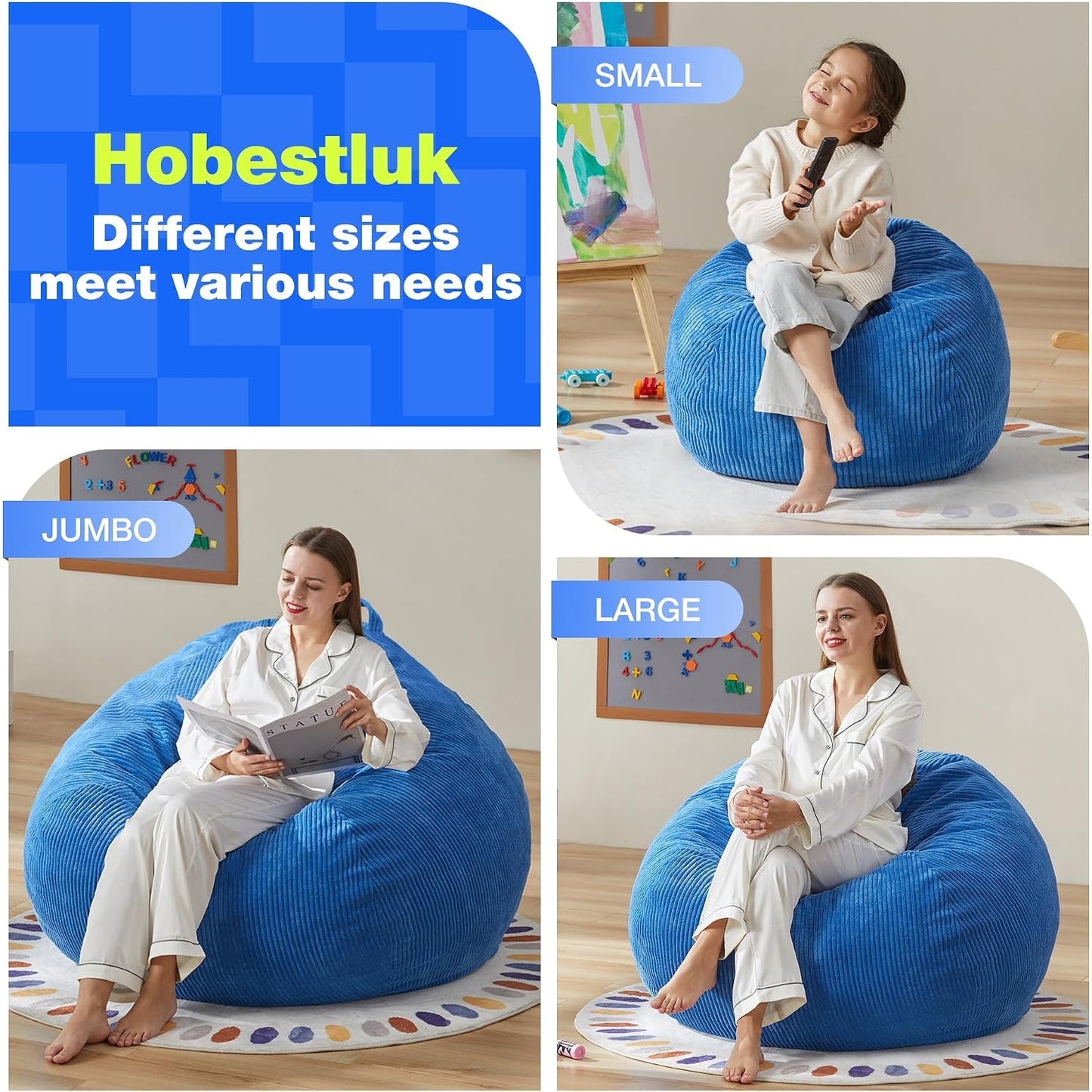 Hobestluk 4.5FT Bean Bag Chair Giant Bean Bag Chair with Filler Included Adult, Jumbo, Blue