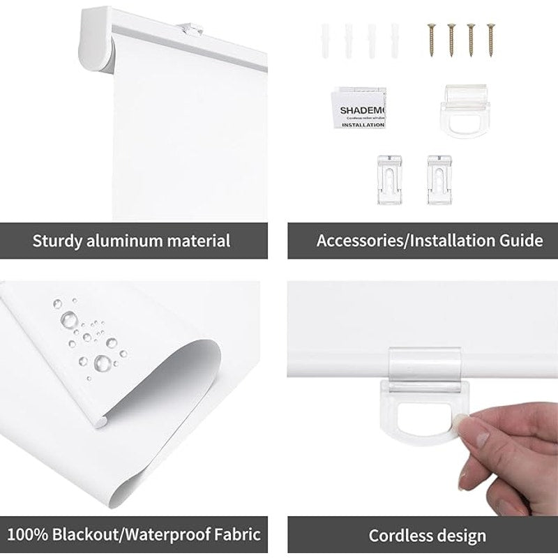 SHADEMOON Cordless Blackout Window Roller Shades, Pull Down Spring System, White, 72"L x 57"W