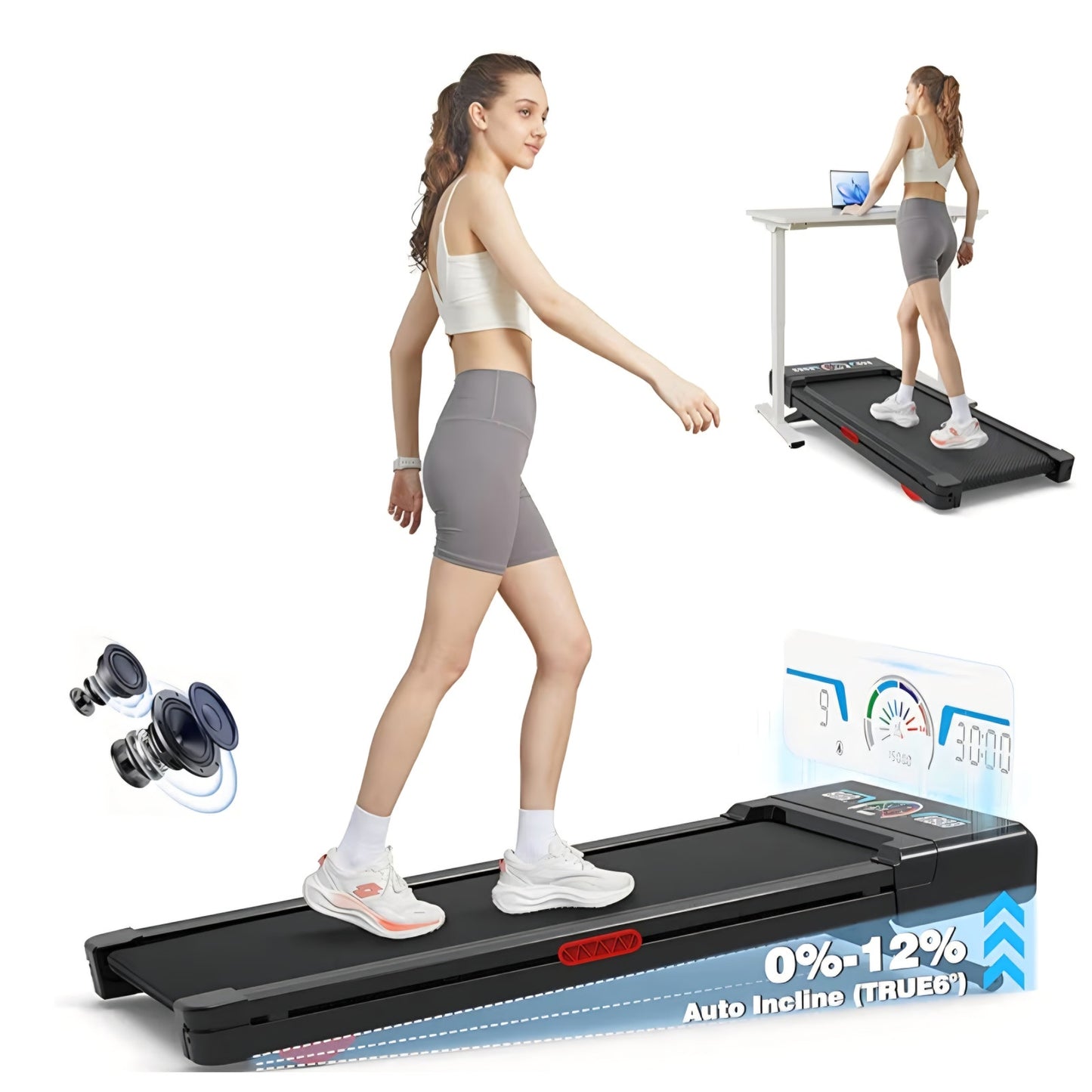 Walking Pad Treadmill with 12% 9-Level Auto Incline, 450 lbs Capacity RGB LED Screen, Bluetooth