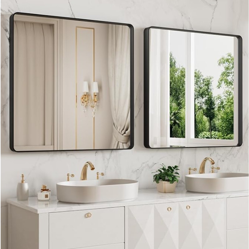 LOAAO 38x38 Inch Black Bathroom Mirror Metal Framed