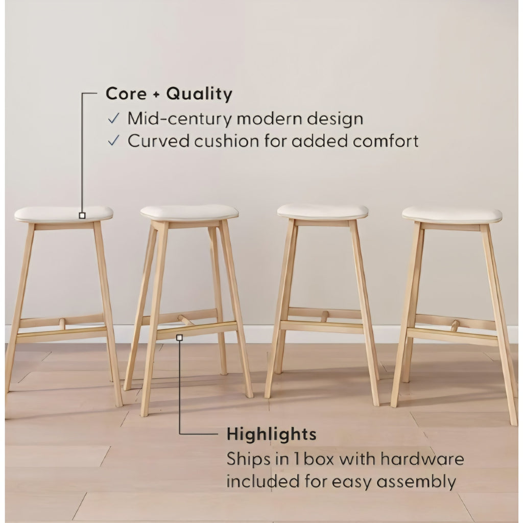Bar Height Stool - Mid-Century Modern Rubberwood Bar Stool with Faux Leather Seat
