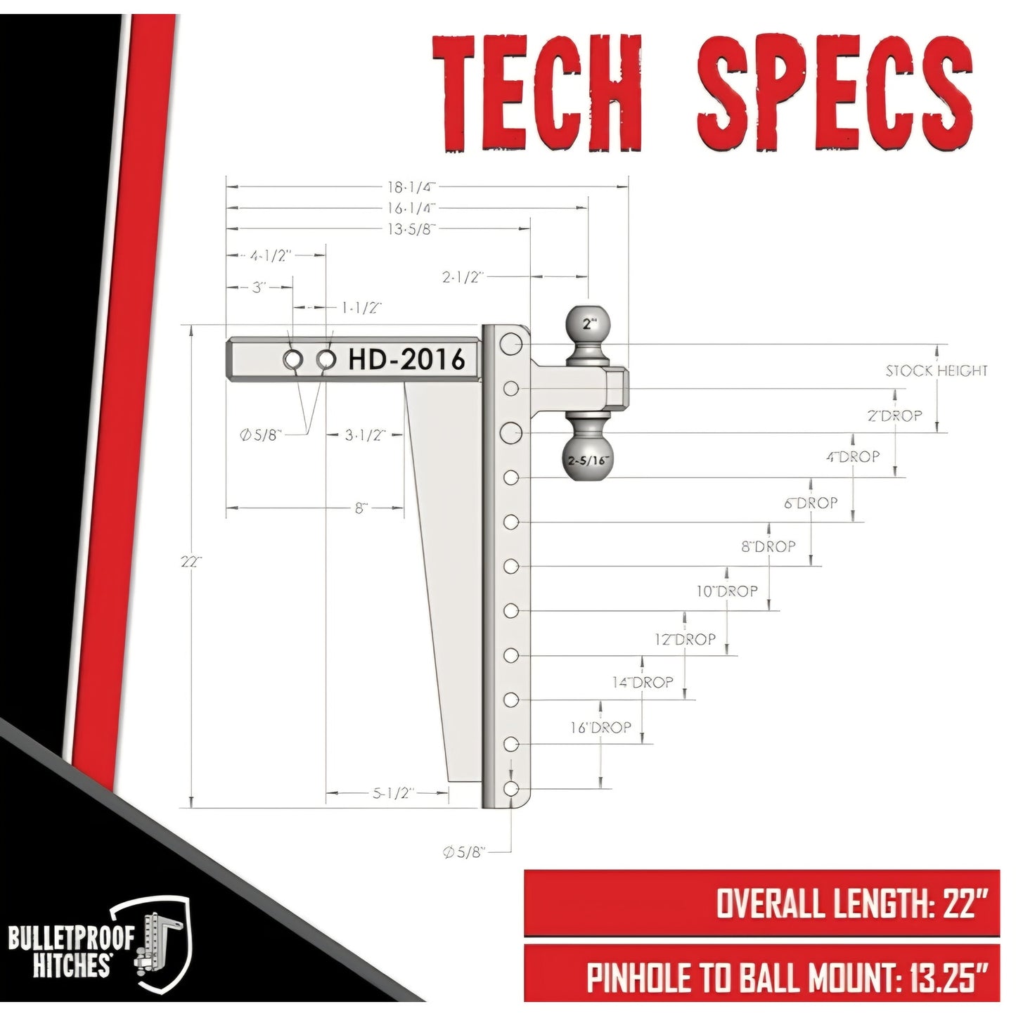 Adjustable Heavy Duty Trailer Hitch (22,000 lb. Rating) - 16" Drop/Rise Trailer Hitch