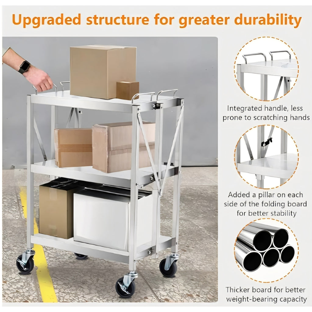 Trolley Heavy Duty Folding Utility Cart,Stainless Steel Collapsible Cart 133 Lbs Storage Rack