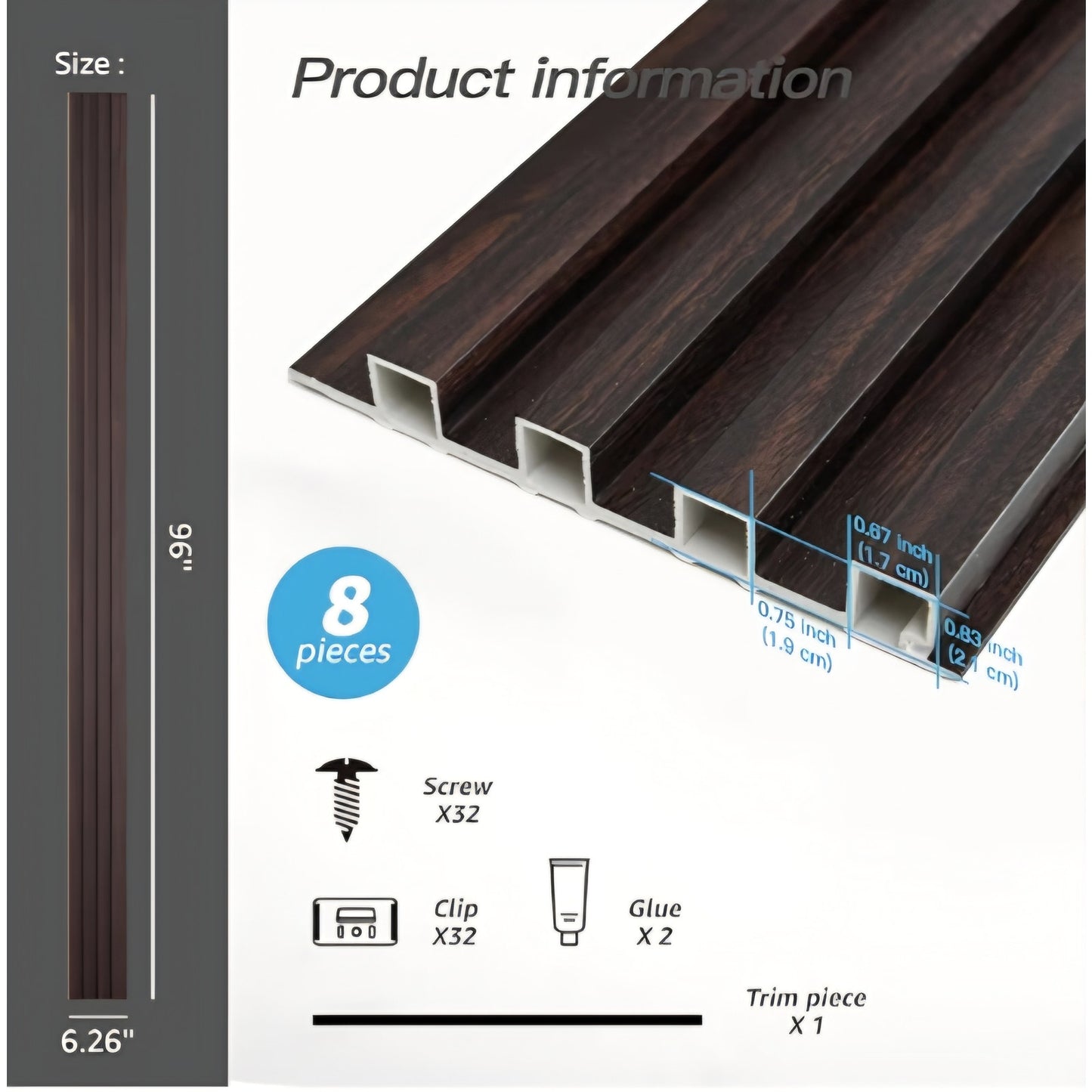 Art3d Slat Wall Panel for Modern Decor, WPC Acoustic Diffuser Panel, 8-Pack 96 x 6in. Black Walnut