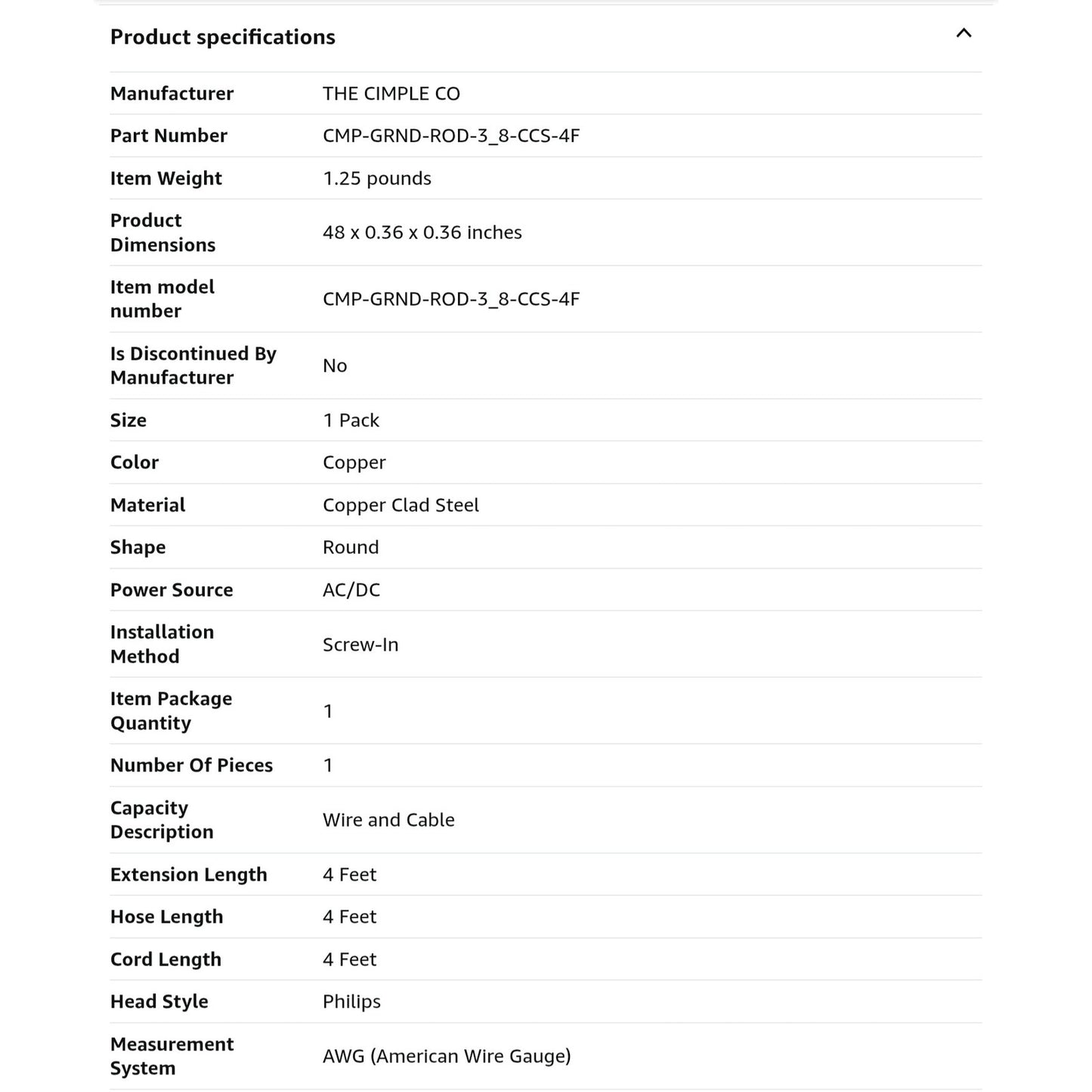 THE CIMPLE CO 4ft Copper Grounding Rod - 3/8" Diameter - Includes Ground Rod Clamp