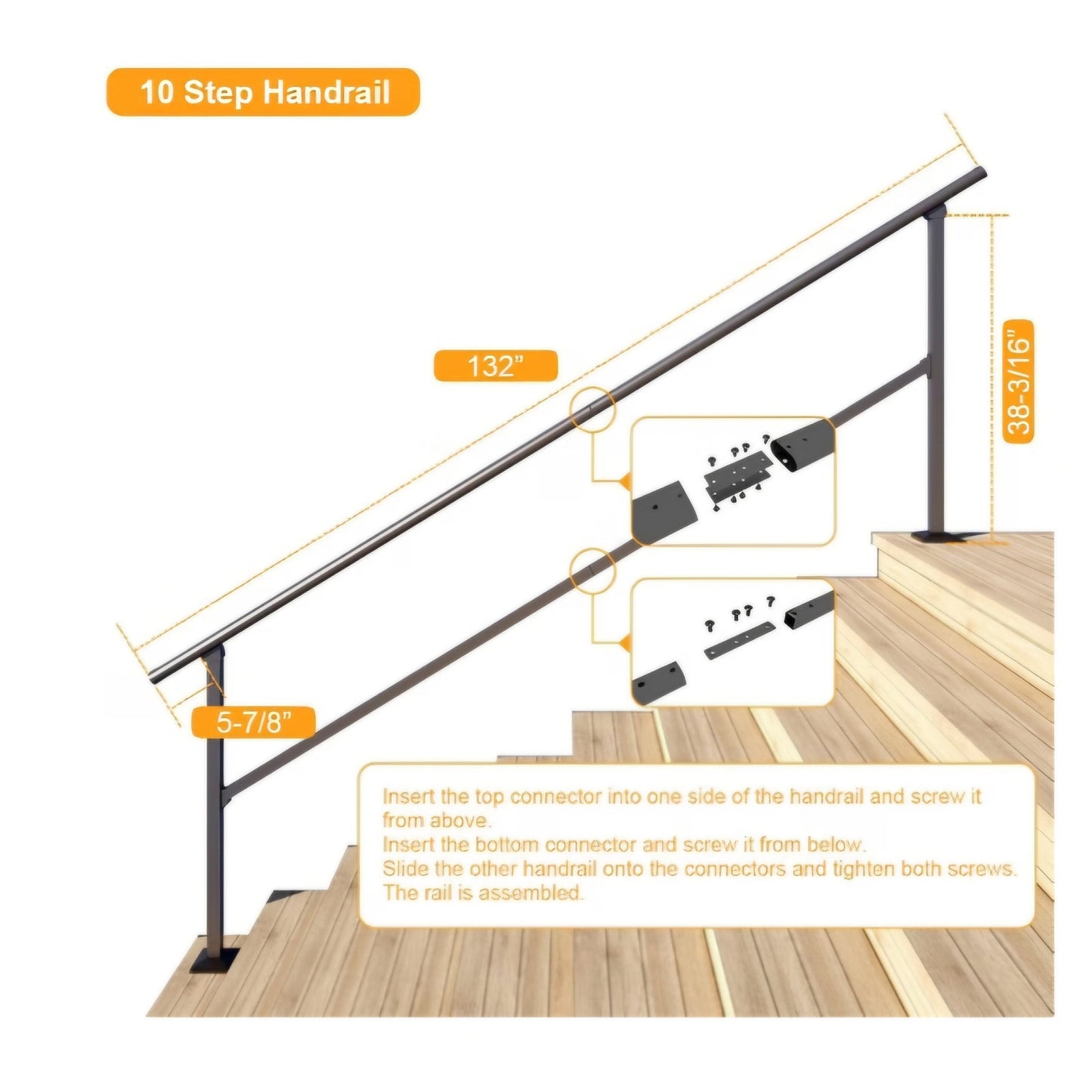 DIYHD 10 Step Handrail for Outdoor,Powder Coated Iron Stair Railing,Black Hand Rails for Indoor