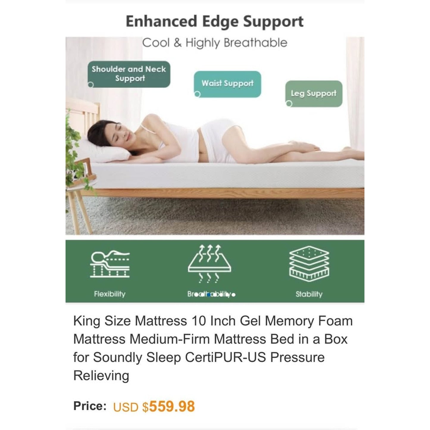 King Size Mattress 10 Inch Gel Memory Foam Mattress Medium-Firm Mattress Bed in a Box for Soundly Sl