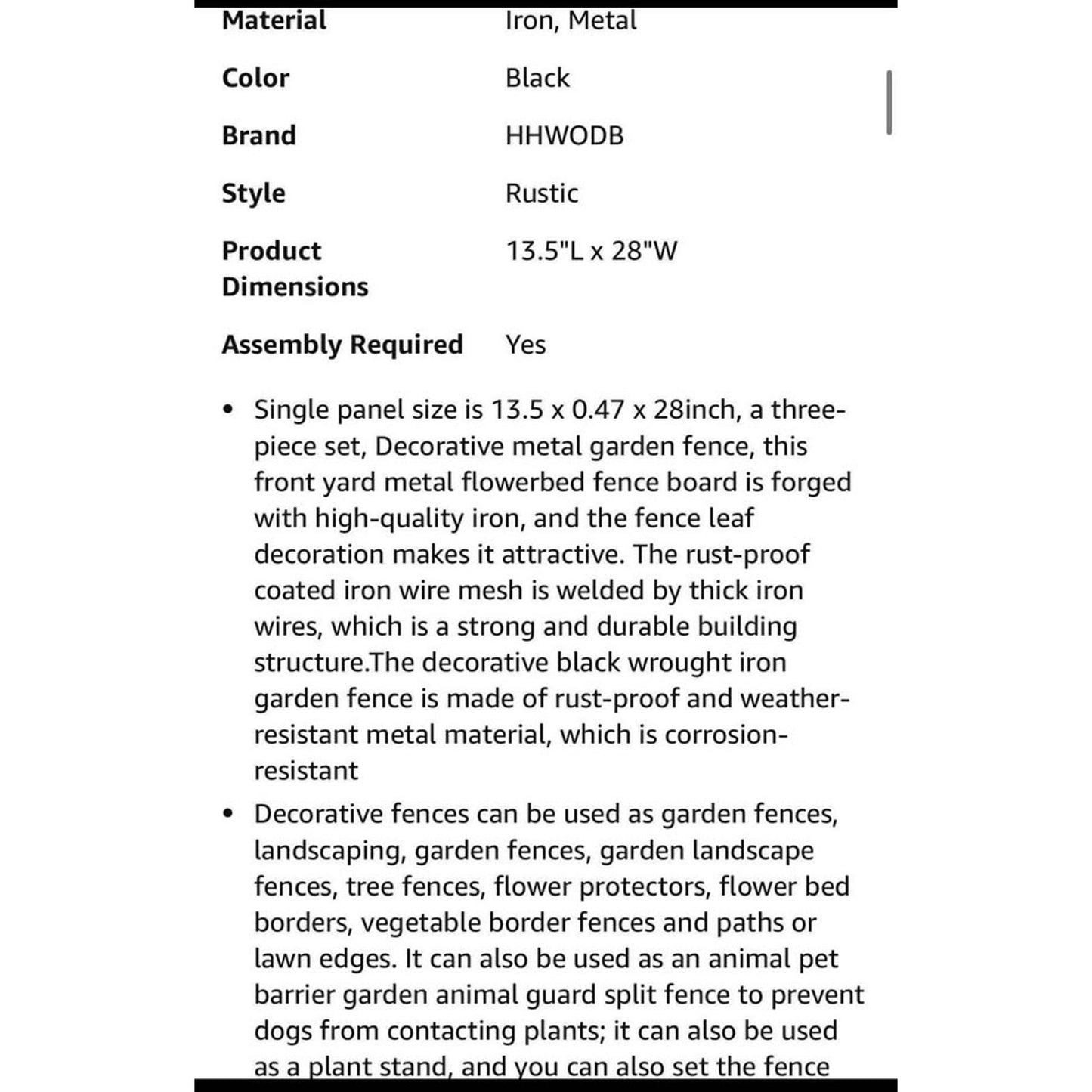 28”Decorative Garden Fence,Garden Edge Border Black Metal Wire Fence Wrought Iron Fence Garden,Rustp