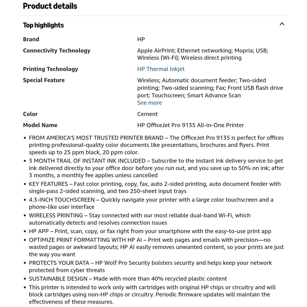 HP OfficeJet Pro 9135 Wireless All-in-One Color Inkjet Printer, Print, Scan, Copy, Fax, ADF, Duplex