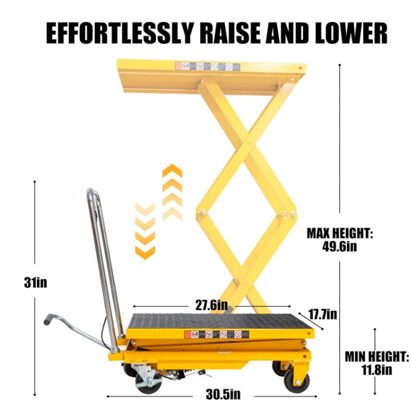 Hydraulic Lift Table Cart, 440lbs Capacity 49.6'' Max Lift, Double Scissor Lift Table w/4 Wheels
