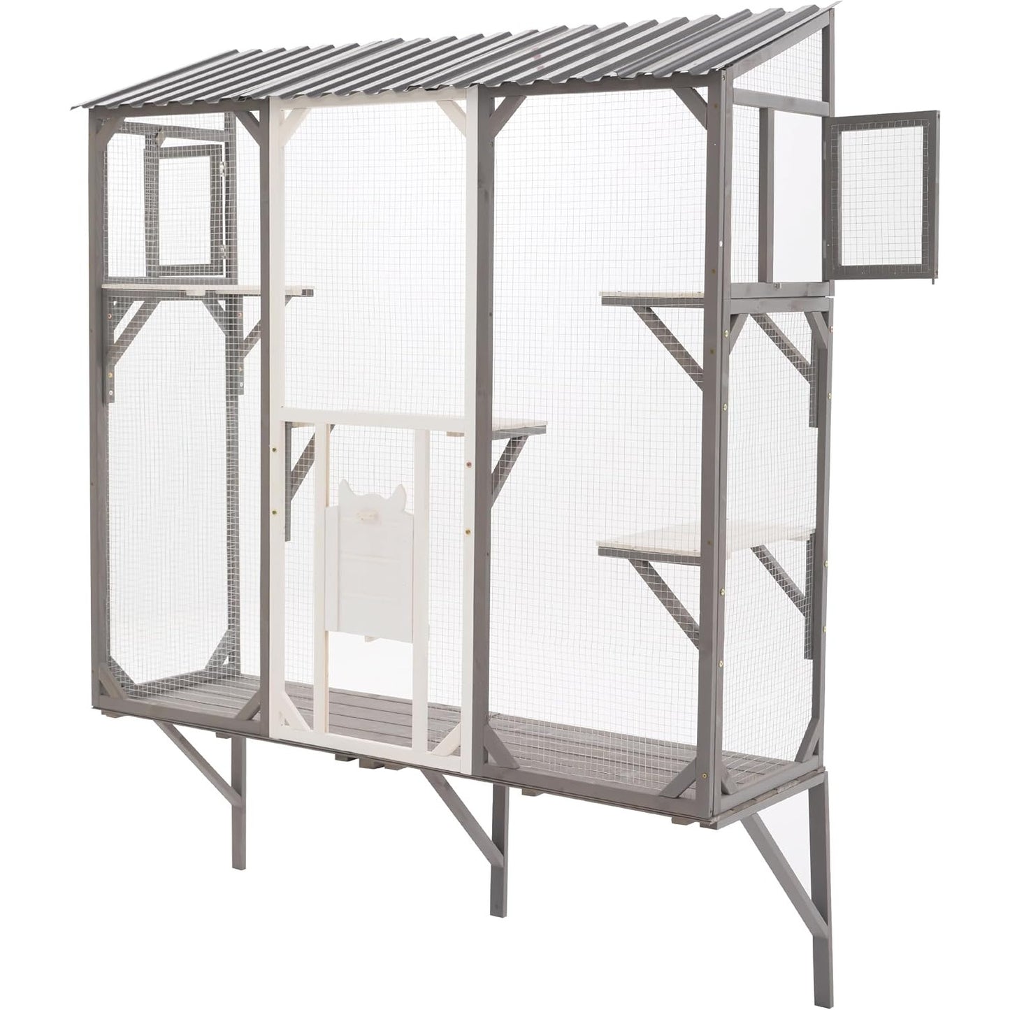 Window Mounted Cat Enclosure Outdoor Catio with 4 Platforms, Wooden, Wire Mesh, Grey & White