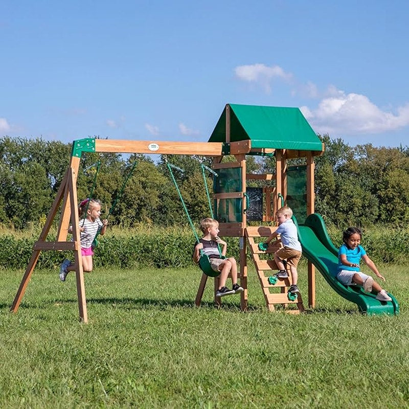 Backyard Discovery Buckley Hill Cedar Wood Swing Set, Wave Slide, Play Deck, Rock Wall Ladder, Green
