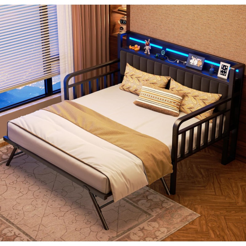 Heavy Duty Metal Twin Bed Frame with Upholstered Storage Headboard & Charging Station