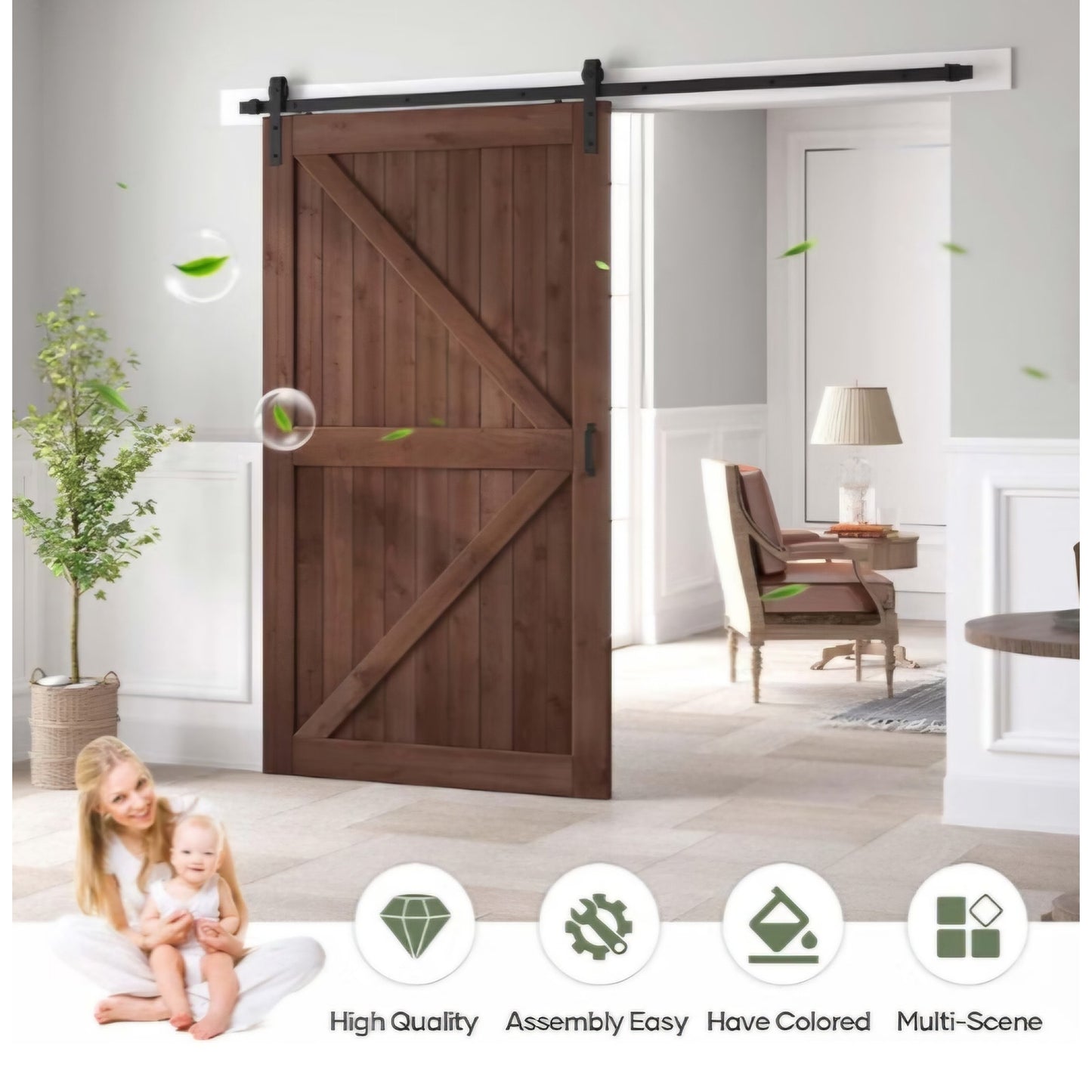 48x84 inch (Double 24×84 inch Door) Sliding Barn Wood Door Slab with 8ft Hardware Kit and Handle