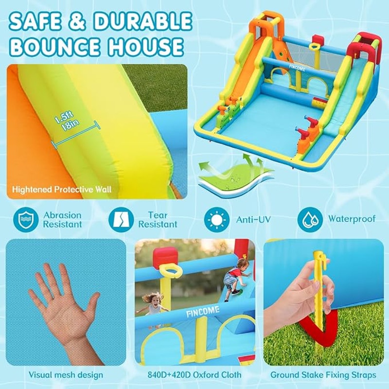 Inflatable Bounce House for Kids, Water Bounce House with Double Slides Indoor Outdoor, 750W Blower