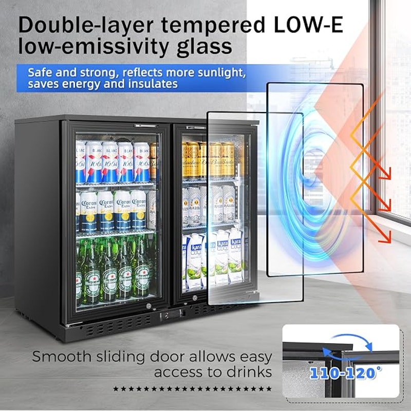 Back Bar Cooler with 2 Glass Doors Commercial Under Counter Beverage Refrigerator 7.4 Cu.ft. Black