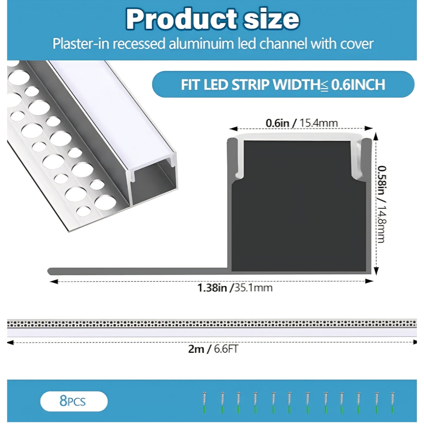 8 Pcs 6.6ft/ 2 Meter Plaster in LED Channel Trimless Single Sided LED Diffuser