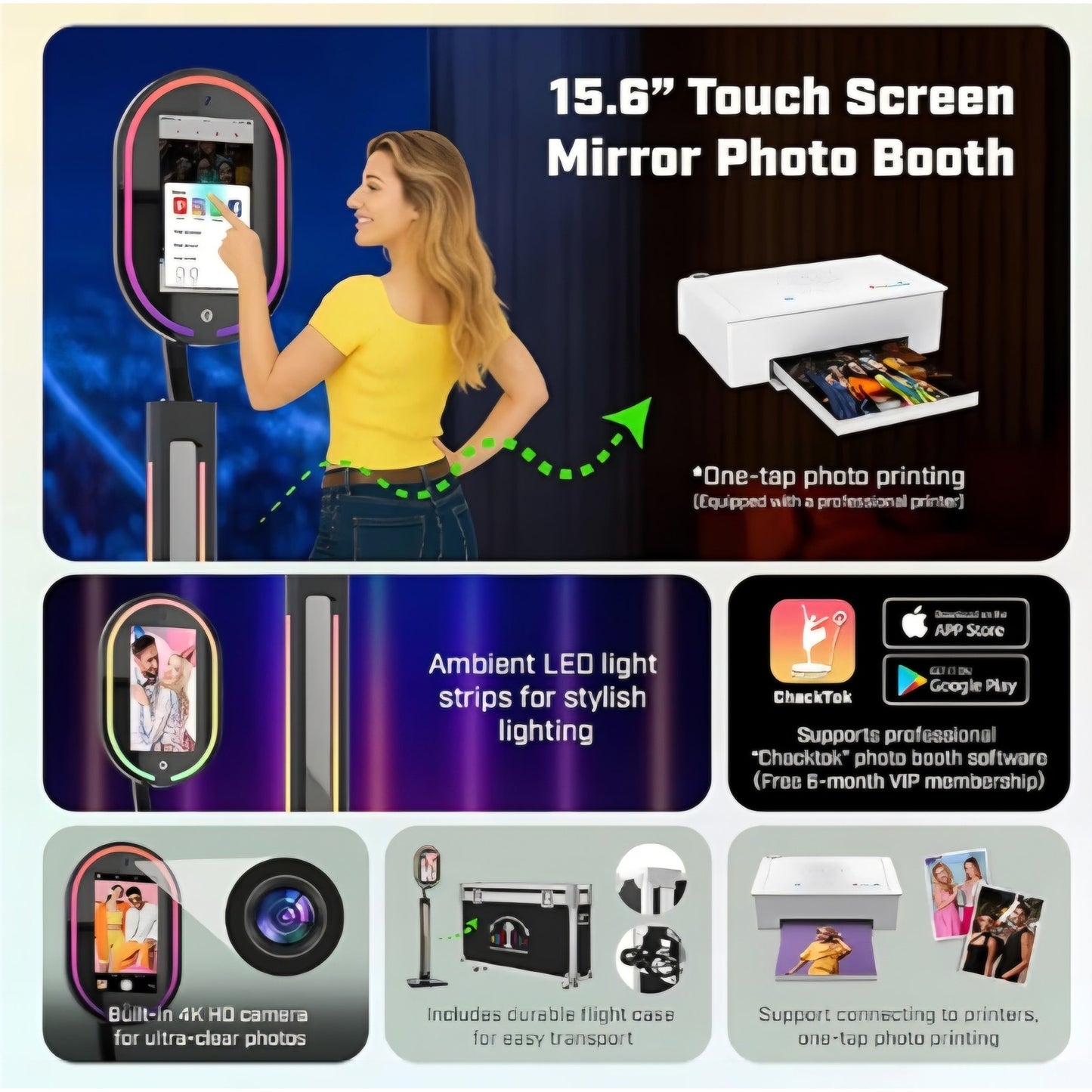 Magic Mirror Photo Booth Touch Screen with Printer and 1200W Pixel 4K HD Camera