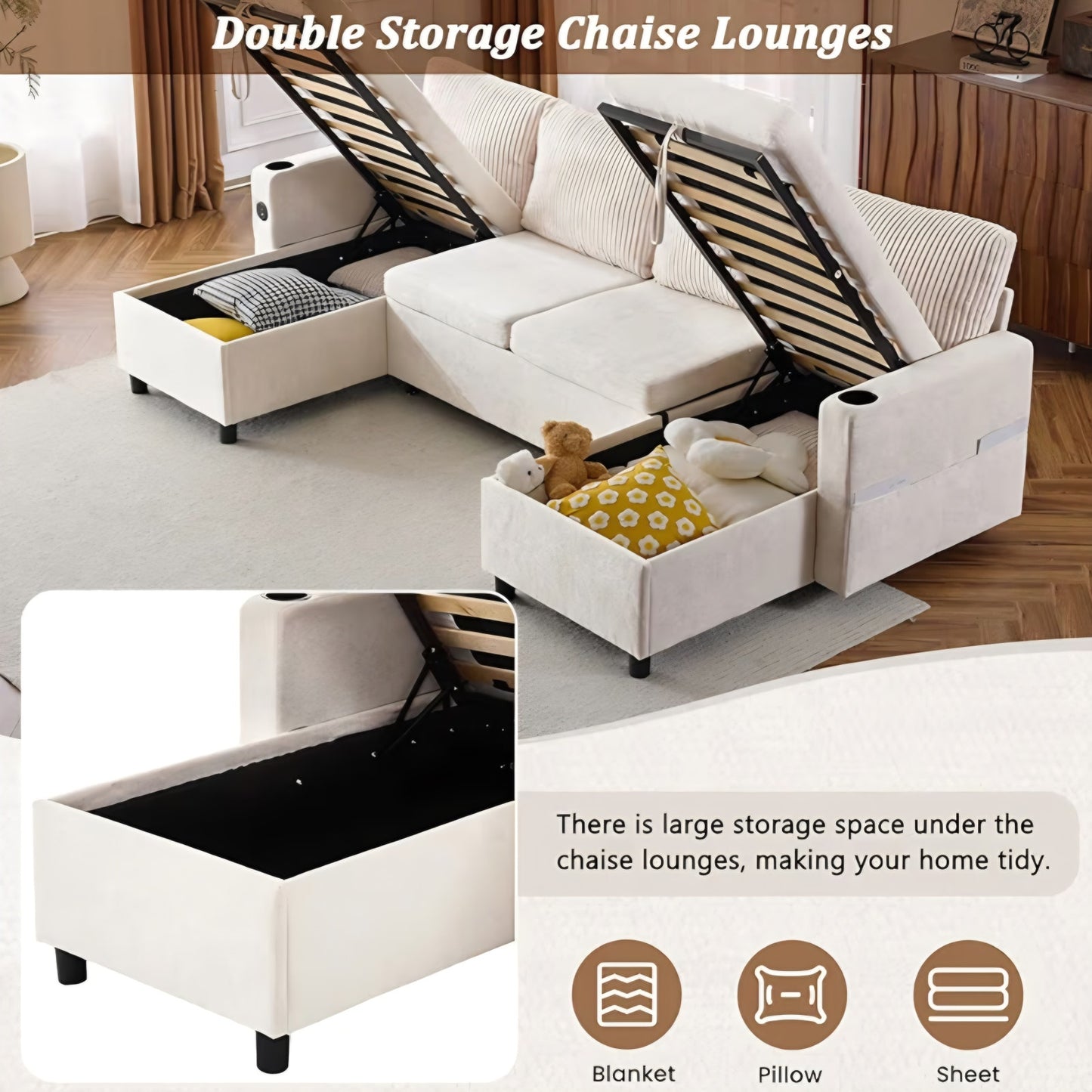 Sectional Sleeper Sofa with Double Storage Chaise, Pull Out Sofa Bed Couch with USB Ports
