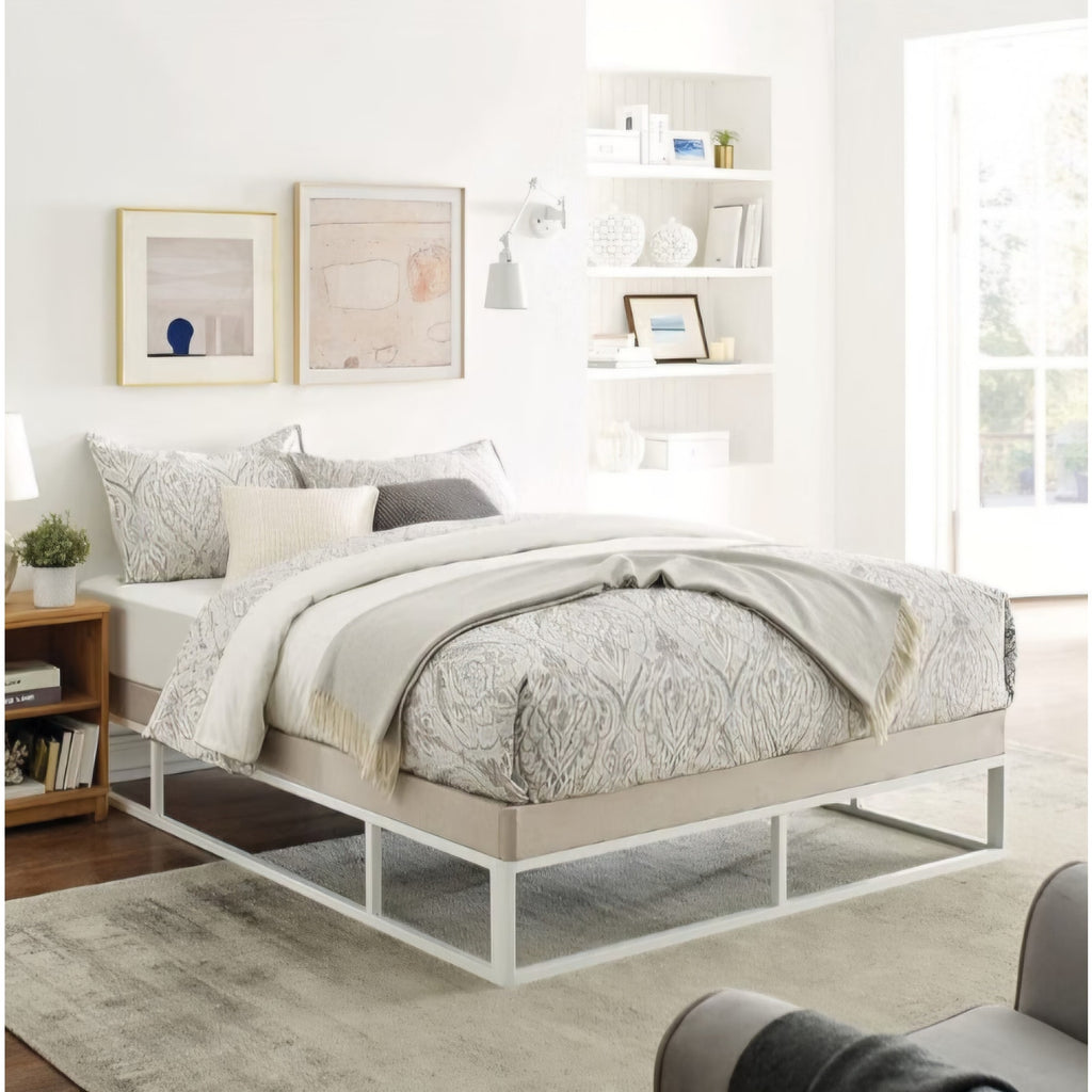 King Size Capri White Metal Platform Bed Frame with Built-in Beige Upholstered Mattress Foundation