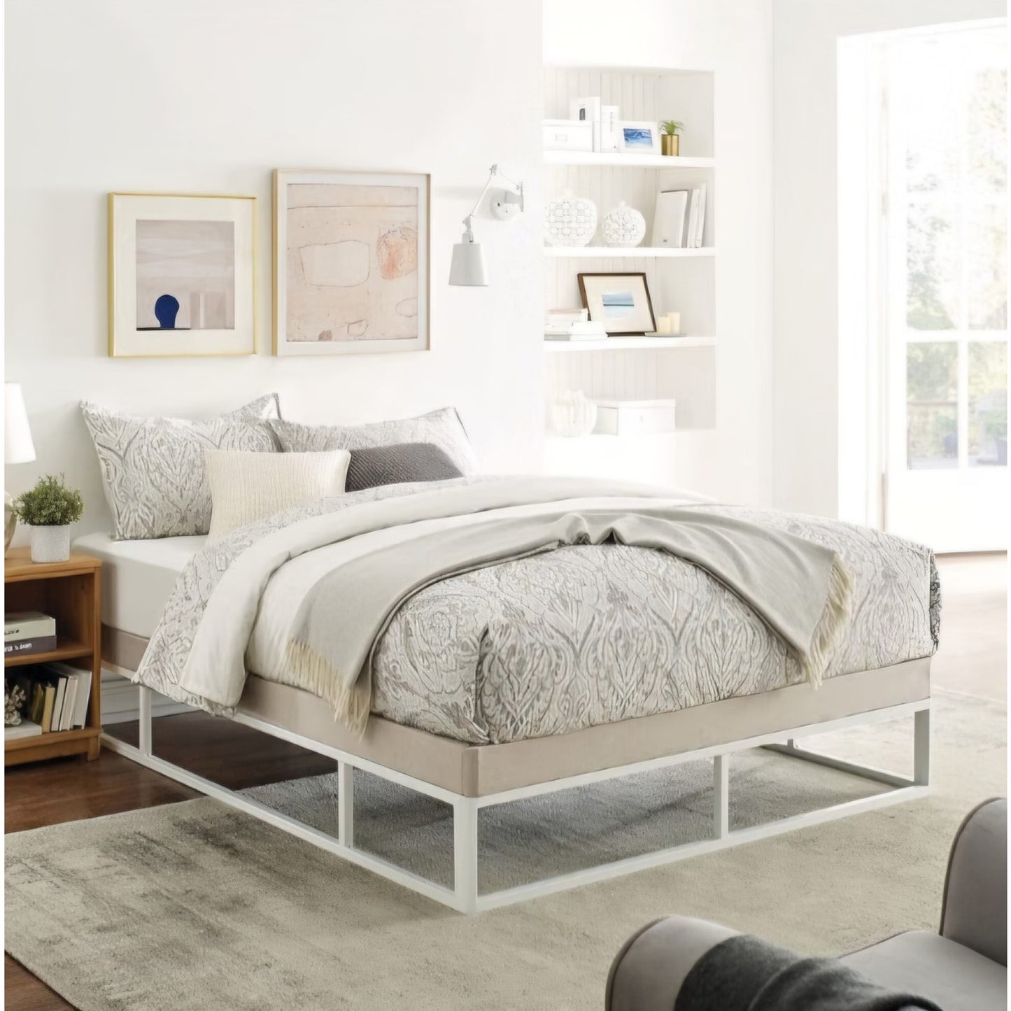 King Size Capri White Metal Platform Bed Frame with Built-in Beige Upholstered Mattress Foundation