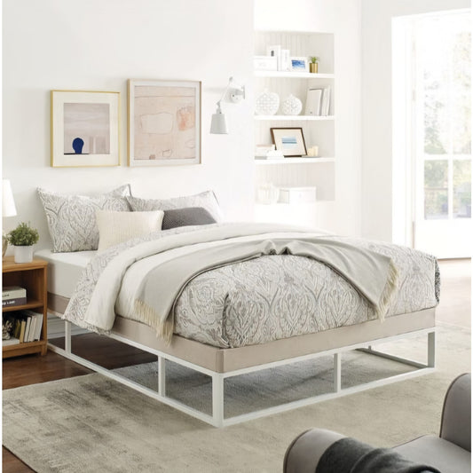 King Size Capri White Metal Platform Bed Frame with Built-in Beige Upholstered Mattress Foundation