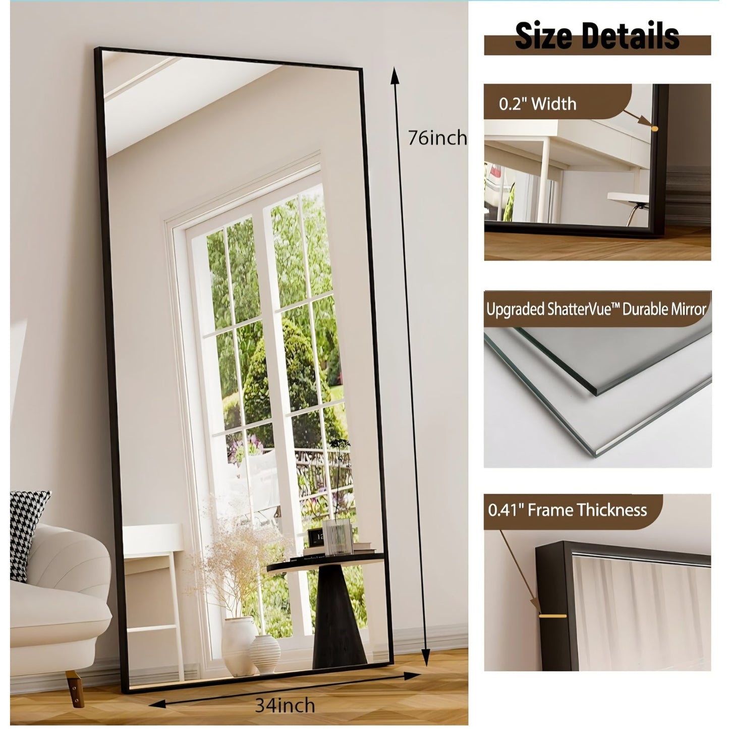GLSLAND 76"x34" Full Length Mirror Extra Large Hanging or Leaning Rectangle Mirror Aluminum Alloy