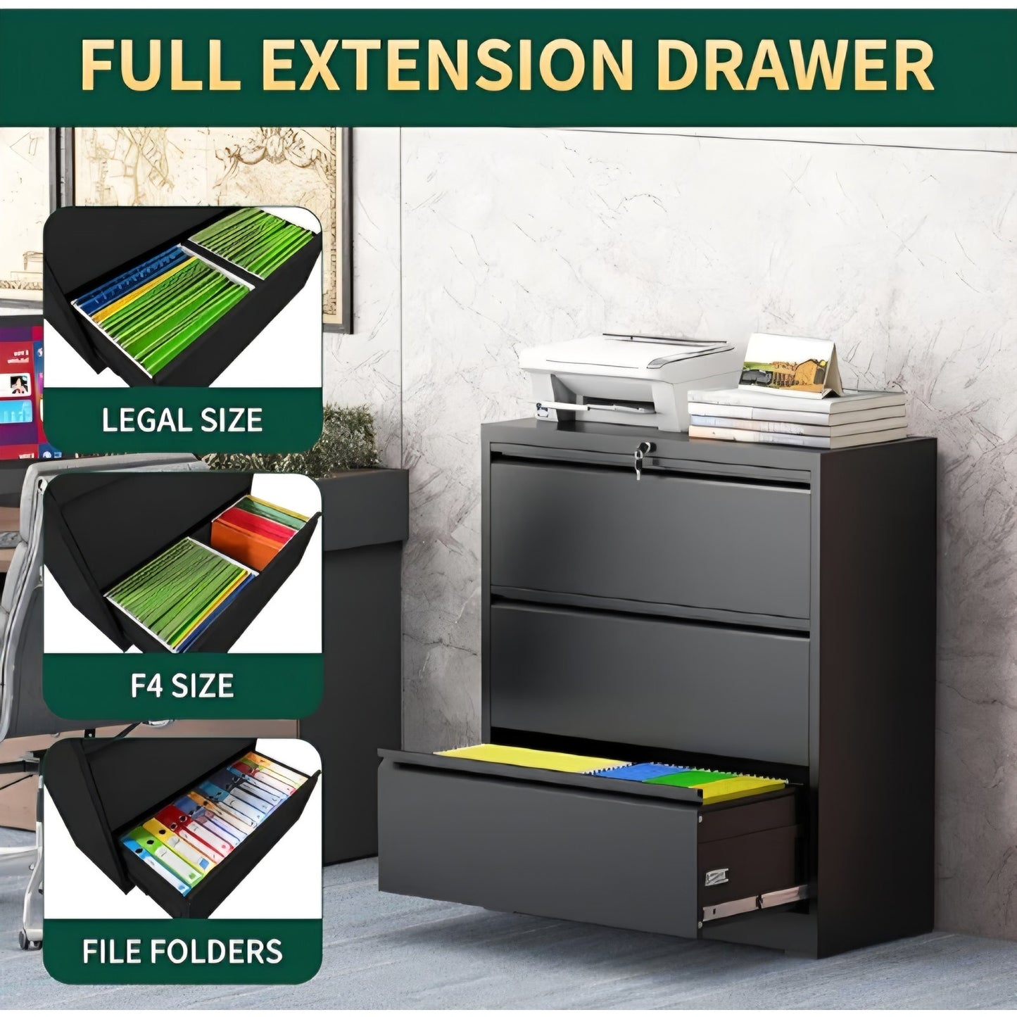 3 Drawer Lateral File Cabinet with Lock, Metal File Cabinets for Home Office
