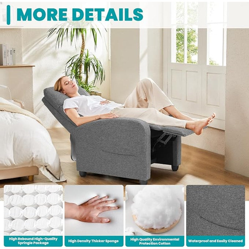 Sweetcrispy Recliner Chair Fabric, Sofa No Massage, Home Theater Seating, Lumbar Support, Grey.