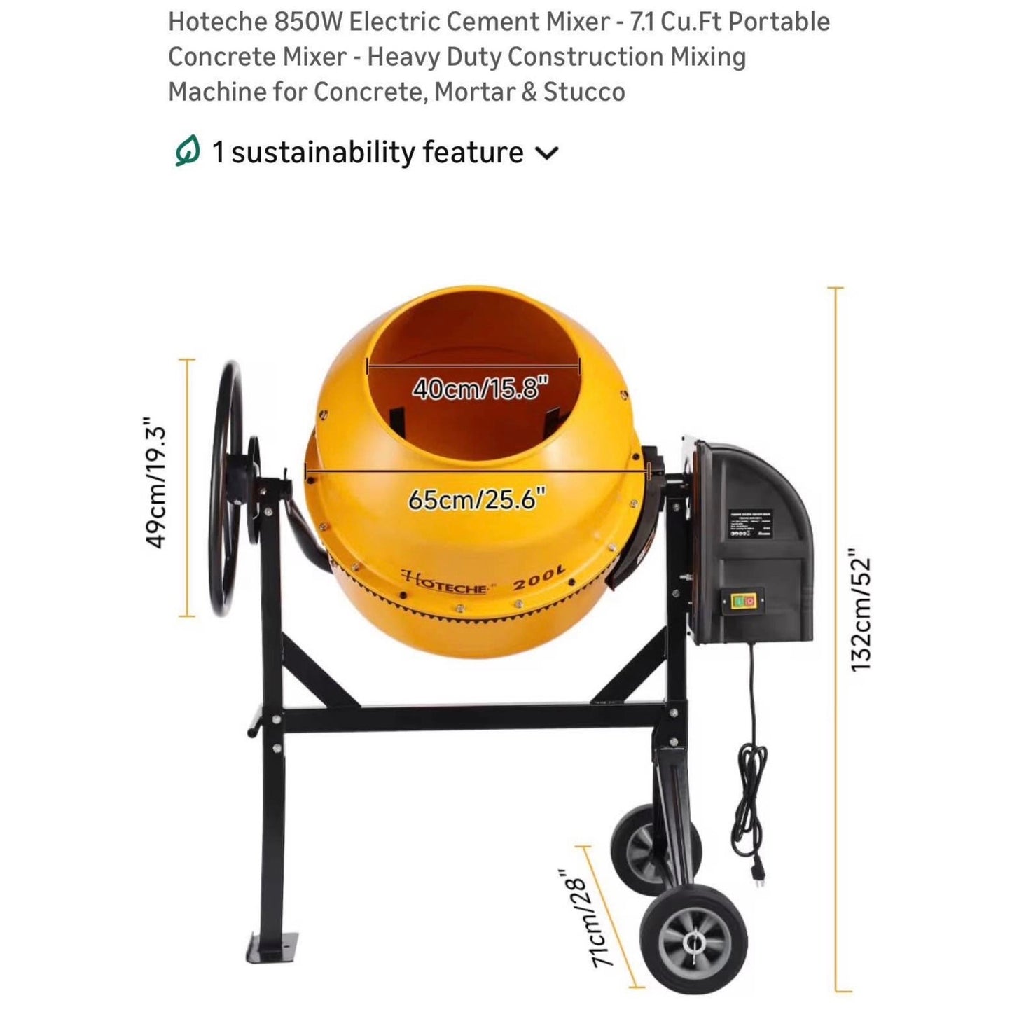 Hoteche 850W Electric Cement Mixer 7.1 Cu.Ft Portable Concrete Mixer