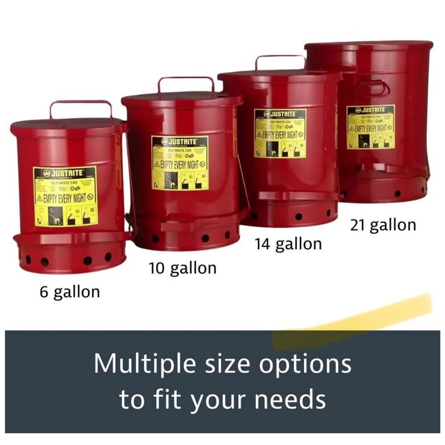 Justrite 6 Gallon Galvanized Steel Oily Waste Can, 16" x 12" Metal Oil Rag Safety Can with Quiet Foo