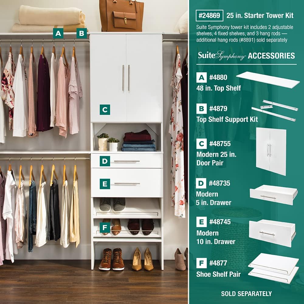 ClosetMaid SuiteSymphony Wood Closet Organizer System, 25-Inch, Tower and 3 Hang Rods, Pure White