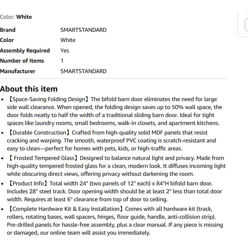 SMARTSTANDARD 24" x 84" Bifold Sliding Barn Door (Double 12"), 3-Lite Frosted Glass Panels, white.