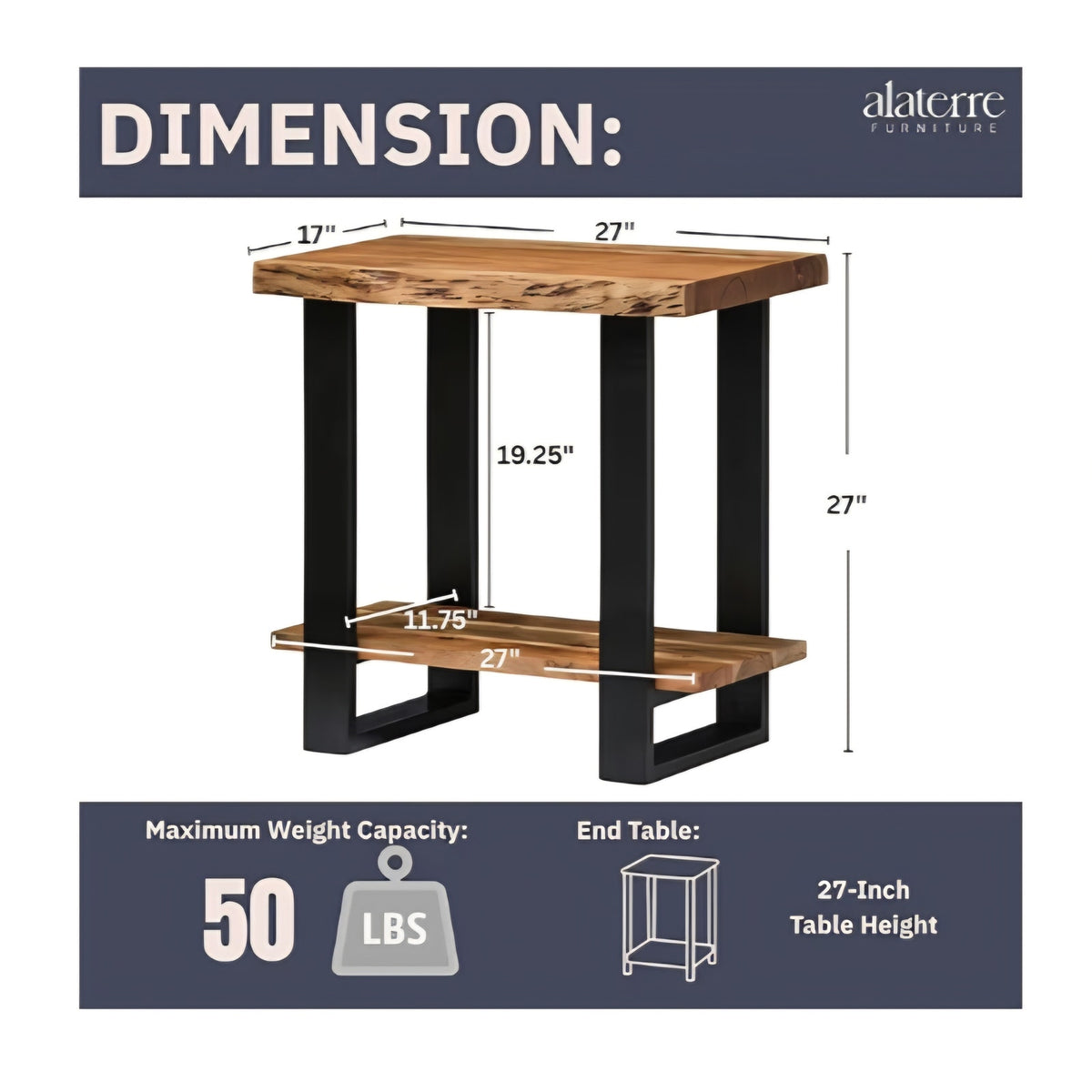 Alpine 2-Tier End Table with Live Edge Design – 27-Inch Solid Acacia Wood Industrial