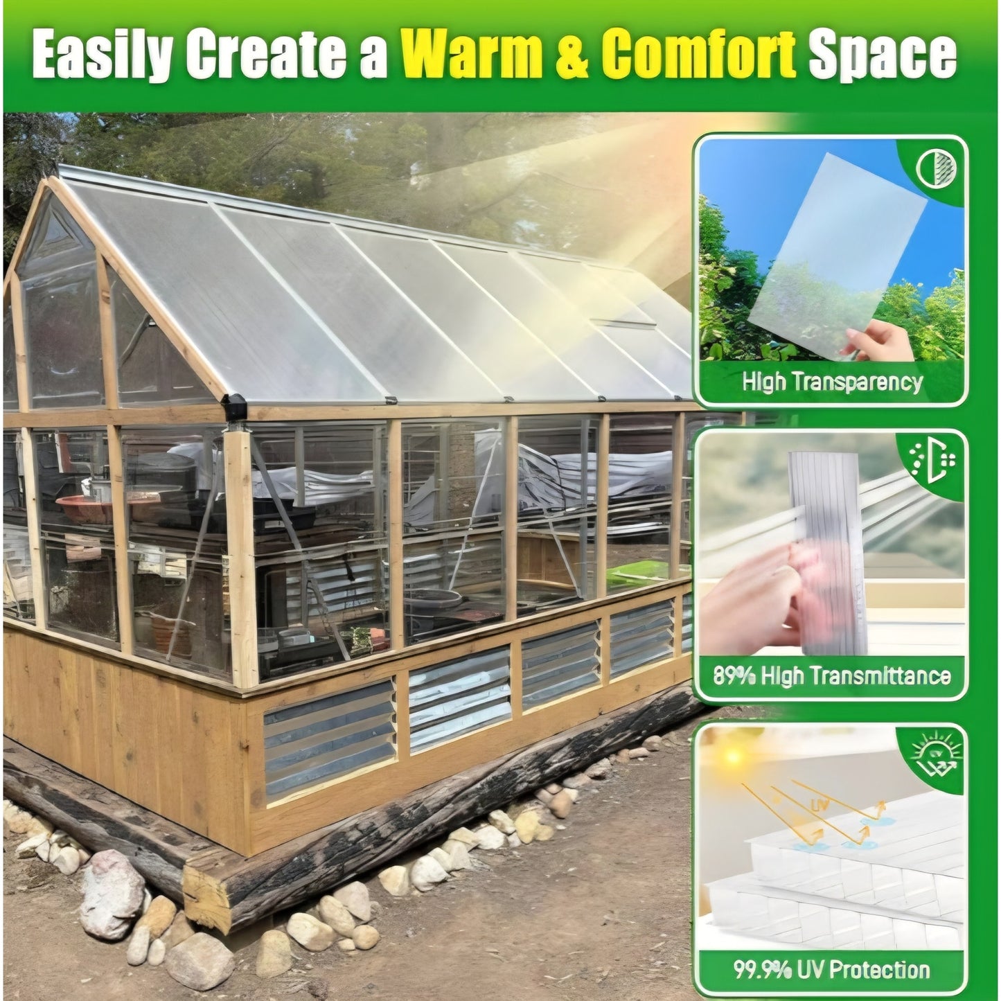 6 Pack Polycarbonate Greenhouse Panels, 8' x 4' x 0.24'' Twin-Wall Polycarbonate Sheets