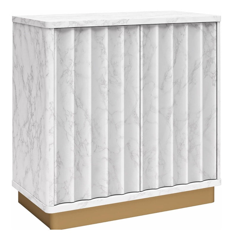 CosmoLiving by Cosmopolitan Rene Scalloped Accent Cabinet, White Faux Marble and Golden Bronze