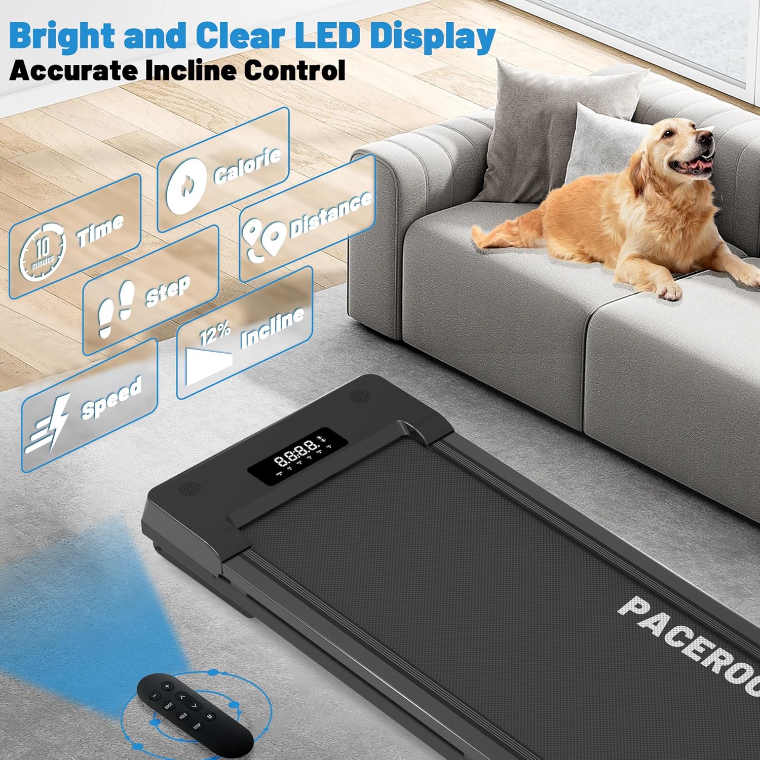 Walking Pad Treadmill with 12% 9-Level Auto Incline, 450 lbs Cap. Bluetooth Speaker, 5 MPH. Black