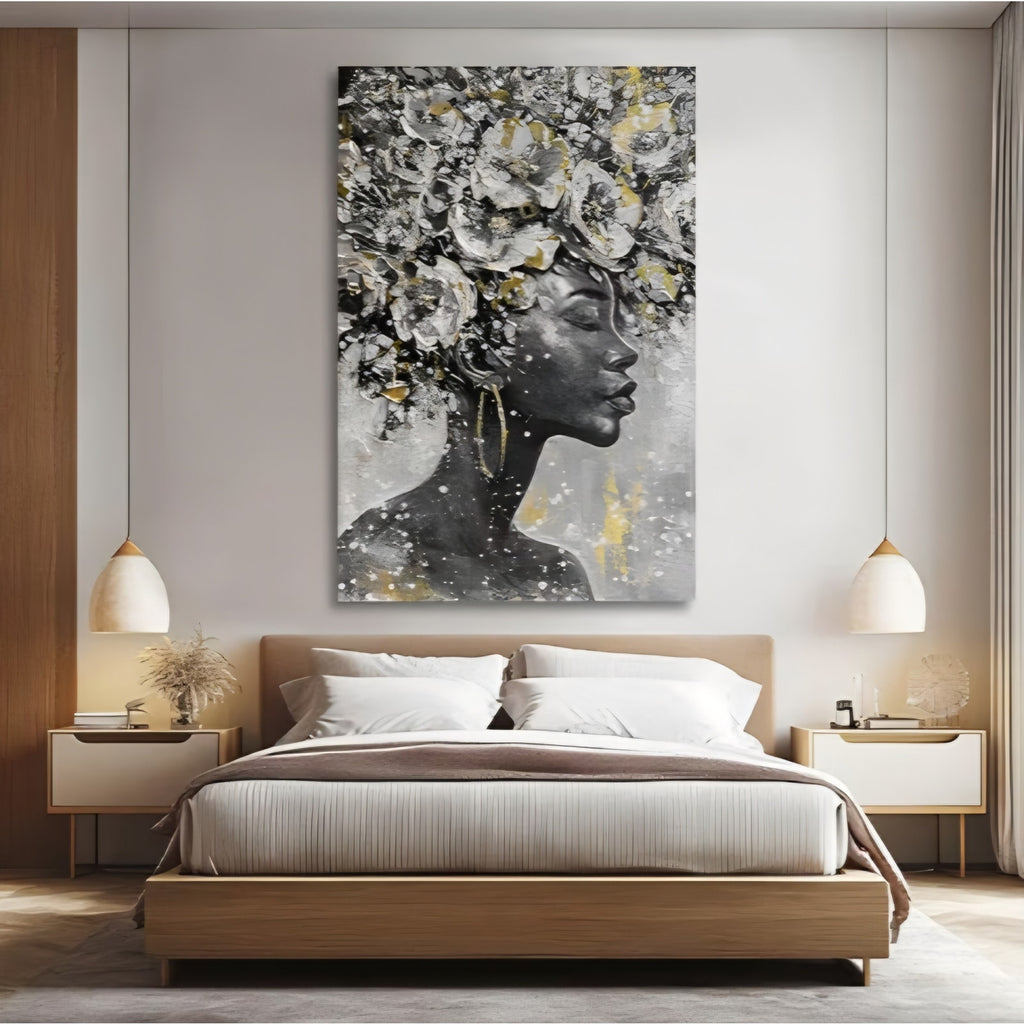 Large Gold Flowers Painting for Office African American Black Woman Portraits for Bedroom 40"x 60"