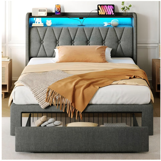 Rolanstar Twin Bed Frame with Drawer, Storage Headboard & LED Lights
