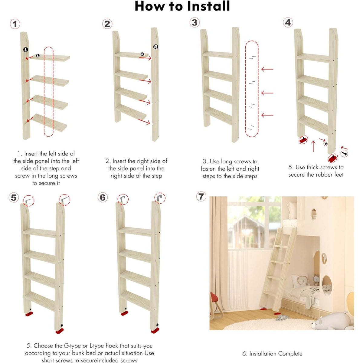 Wood Bunk Bed Ladder, Lofted with 4in Extra Wide Steps & Non-Slip Pads, Wood Color, 55in /140cm