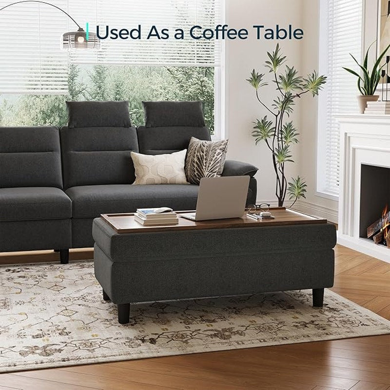 LINSY HOME 46 Inches Wide Storage Ottoman Bench, Linen Coffee Table Long Shoes Bench, Dark Gray
