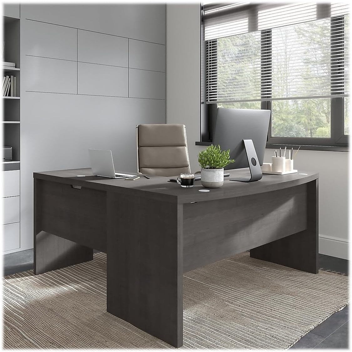 Bush Furniture Bow Front Desk with Wire Management.Quick-to-Assemble Hw. 60Wx28Lx30H Charcoal Maple