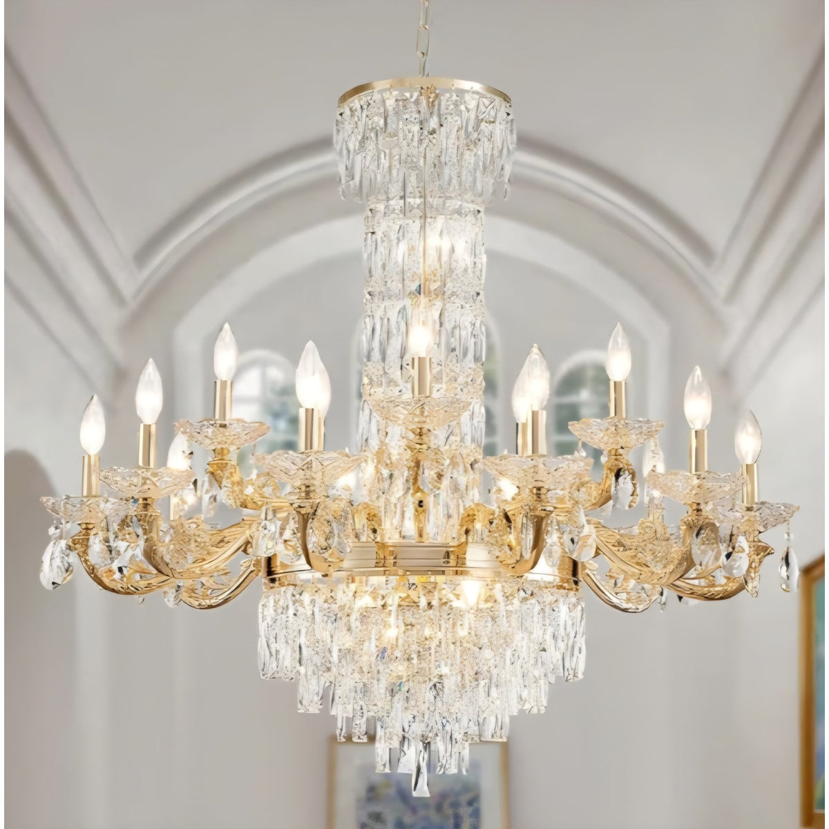 Gold Crystal Contemporary Chandelier Foyer Entryway Lighting, 2-Tier Large Foyer
