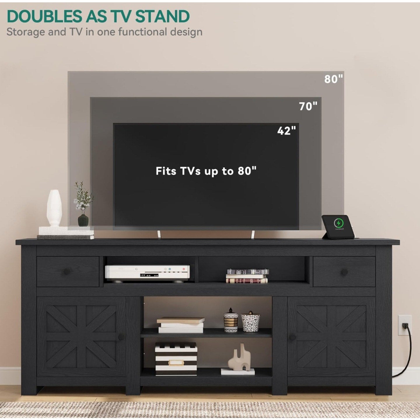 YITAHOME TV Stand for 75/80 Inch TV, Entertainment Center, TV Cabinet with Drawers and Power Outlet, Black TV