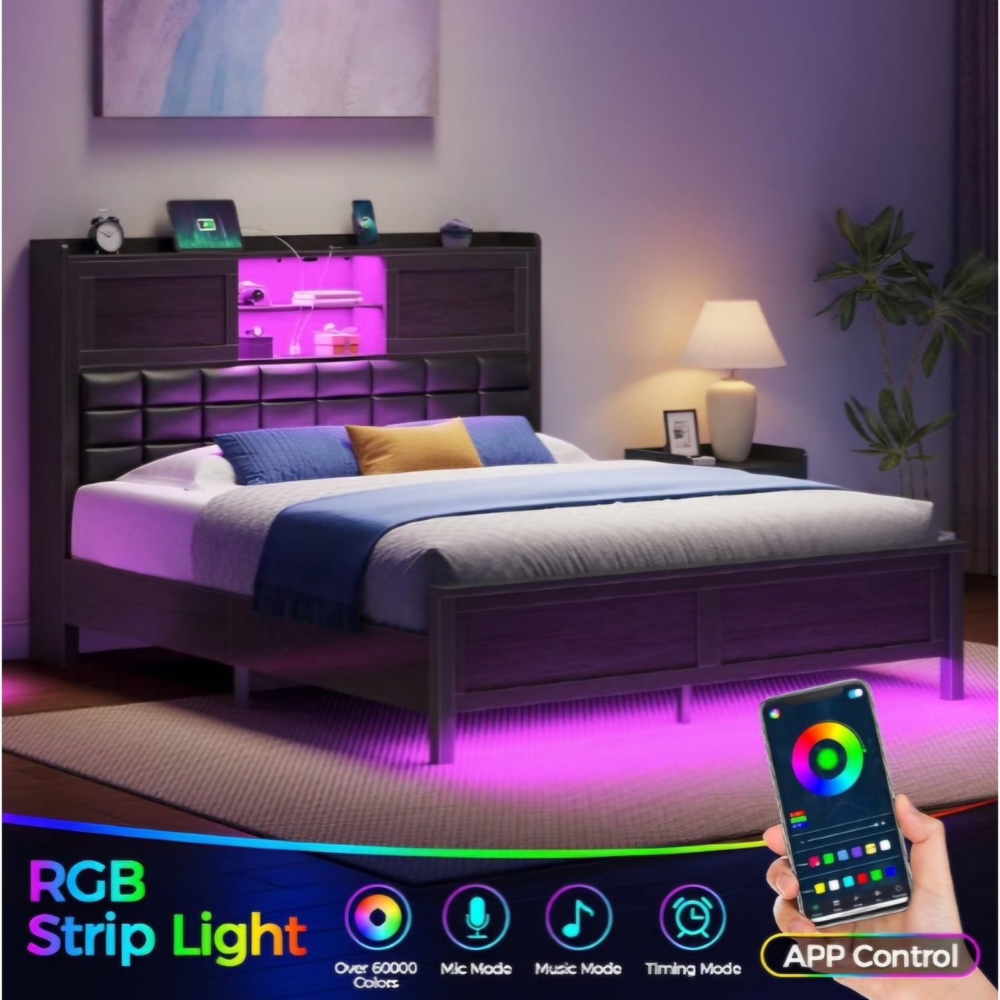 Rolanstar Bed Frame Full Size with Charging Station, Bookcase Headboard Bed with LED Light